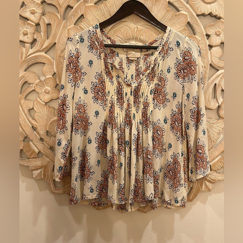 Anthropologie Vanessa Virginia Floral Boho Semi Pleated Peasant Blouse Top